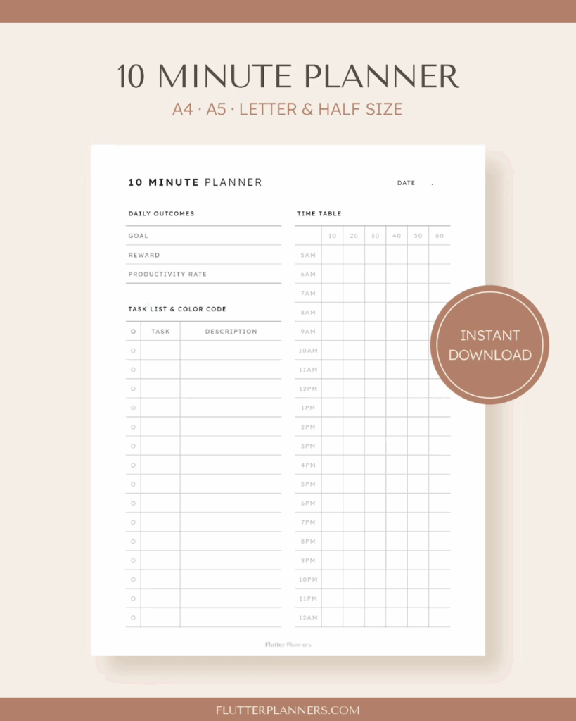 10 Minute Planner Printable Minimalist Time Management Planner 