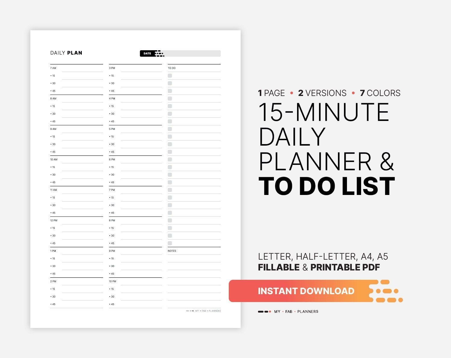 15 Minute Daily Planner With To Do List Template Fillable Time Slots