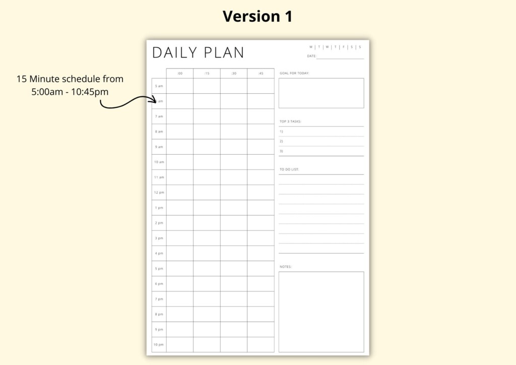 15 Minute Increment Planner Daily Schedule Template Time Block PDF 