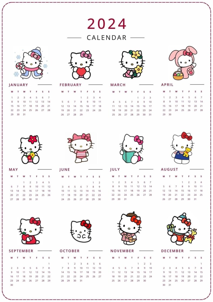 2024 Kitty Printable A3 Yearly Calendar Etsy Planner2024julho Hello 