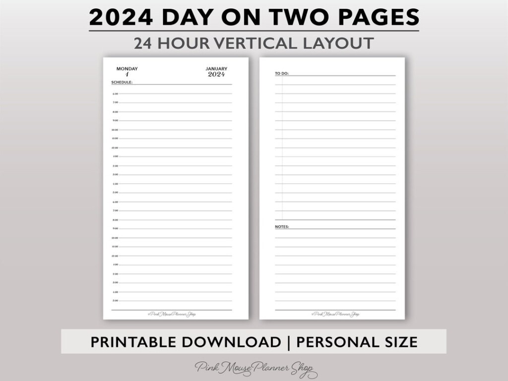 2024 Two Pages Per Day Planner Printable Insert With 24 Hour Schedule 