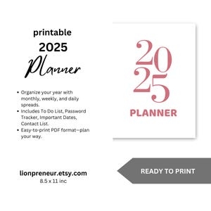 2025 Printable Planner PDF Minimalist Monthly Weekly Daily Organizer 