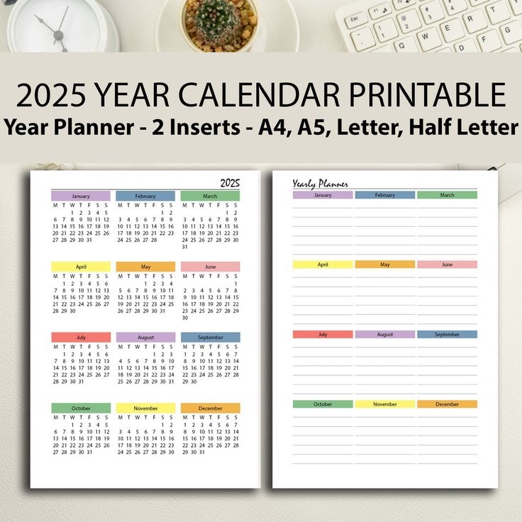 2025 Year Calendar Rainbow Printable 2025 Calendar Pdf A4 a5 half 
