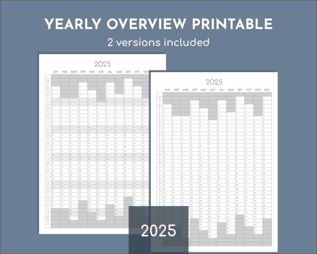 2025 Yearly Planner Printable Year On One Page Overview Portrait 