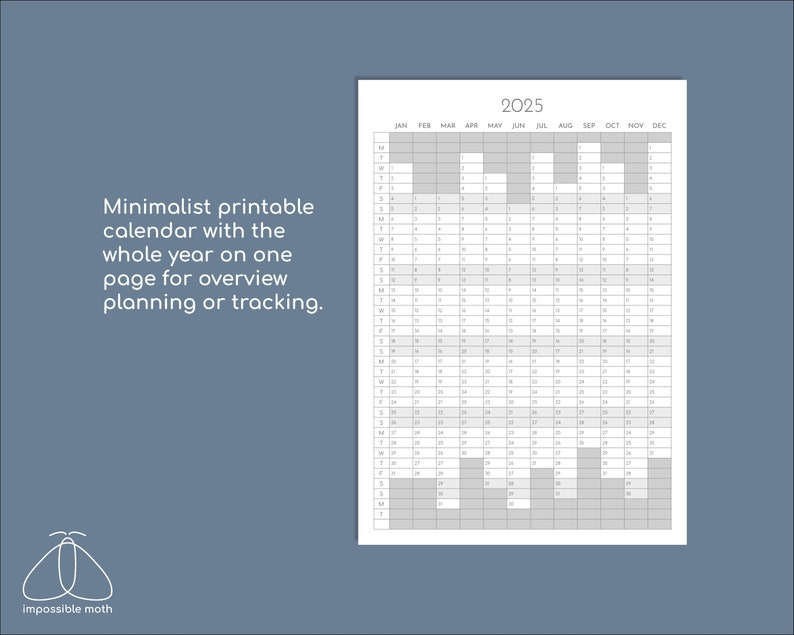 2025 Yearly Planner Printable Year On One Page Overview Portrait 