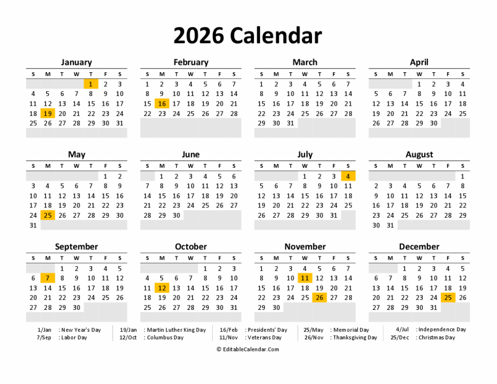 2026 Calendar Printable Free Pdf One Page Jessika P Pfeffer