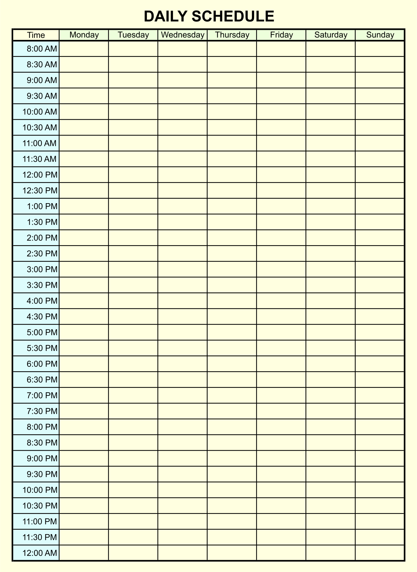 24 Hour Weekly Planner Printable