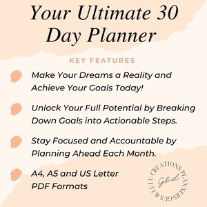 30 Day Planner Printable Goal Setting PDF Progress Tracking Organiser 