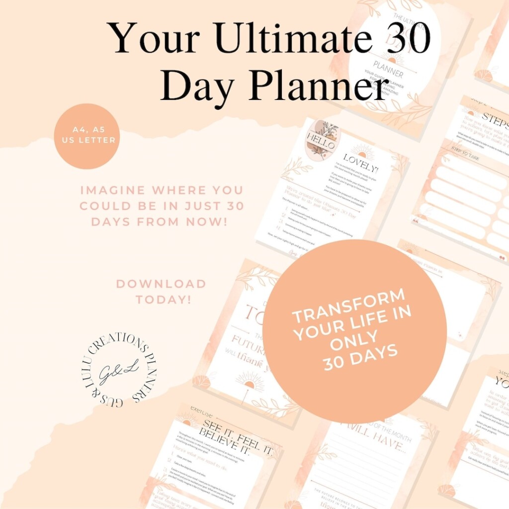 30 Day Planner Printable Goal Setting PDF Progress Tracking Organiser 