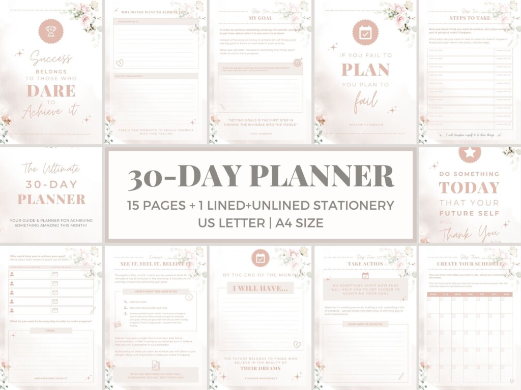 30 Day Planner Printable Workbook Monthly Calendar Checklist For 