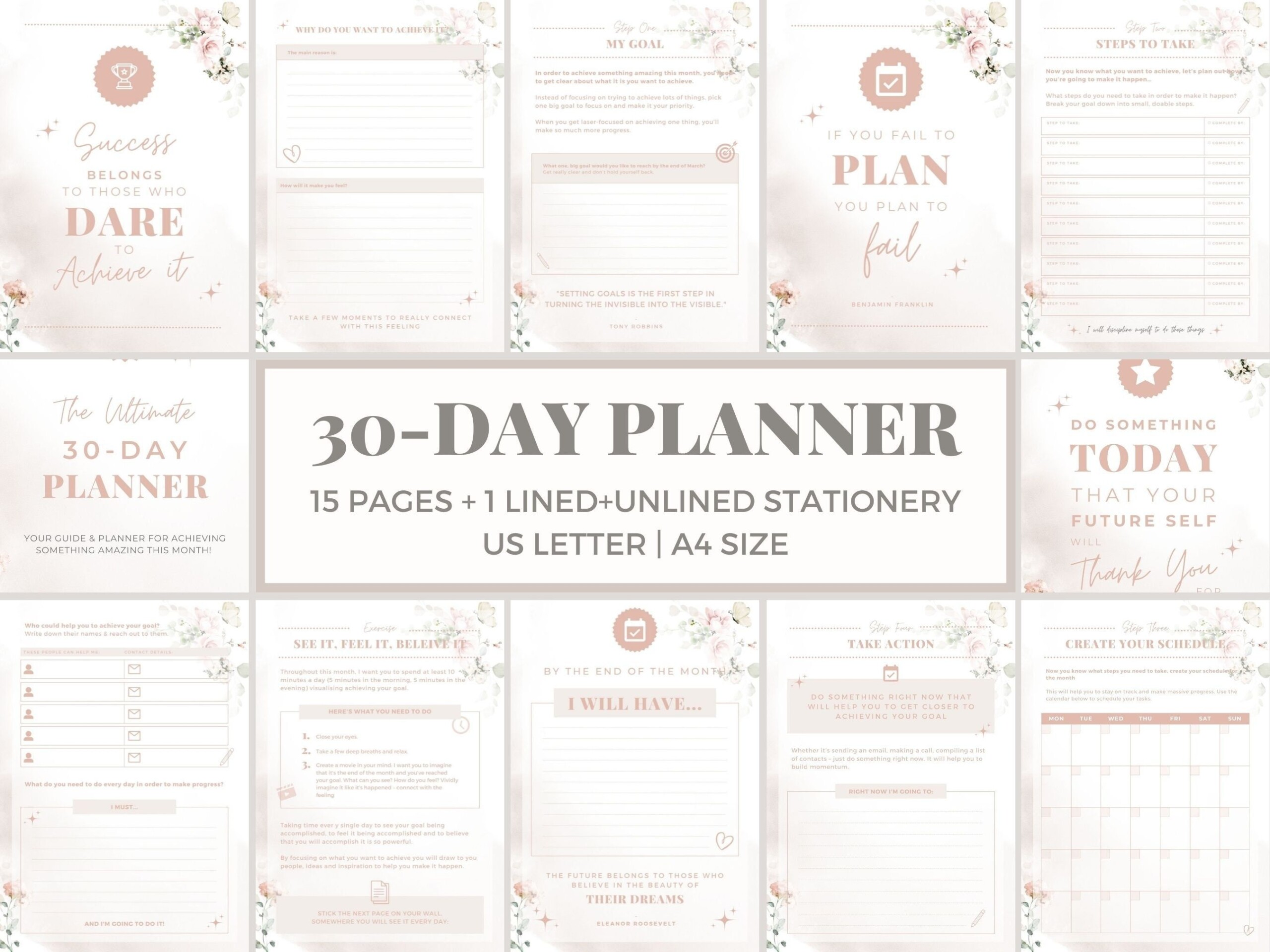 30 Day Planner Printable Workbook Monthly Calendar Checklist For