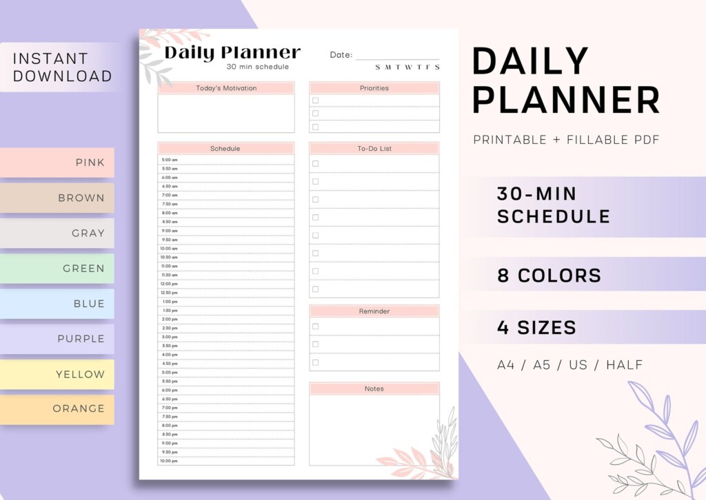 30 minute Daily Planner Printable Daily Schedule To Do Etsy