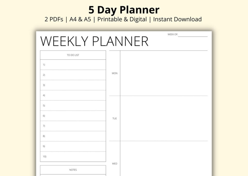 5 Day Planner Printable Weekly Planner Week At A Glance Etsy