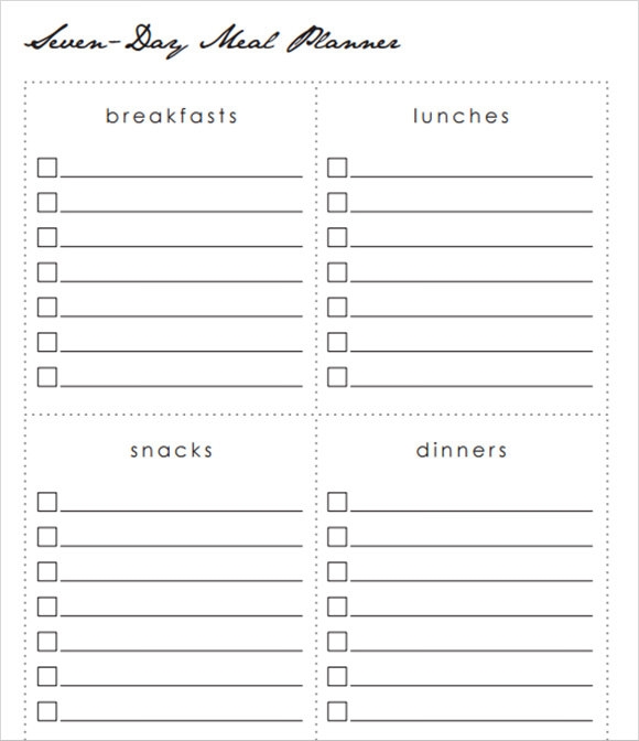 7 Day Menu Planner Printable