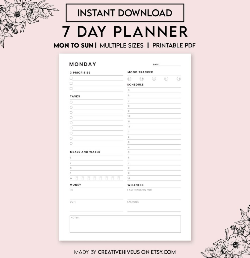 7 Day Planner Printable Daily Planner Weekly Planner Daily To Etsy