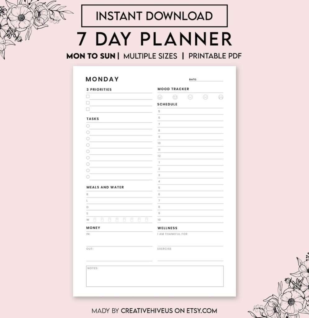 7 Day Planner Printable Daily Planner Weekly Planner Daily To Etsy