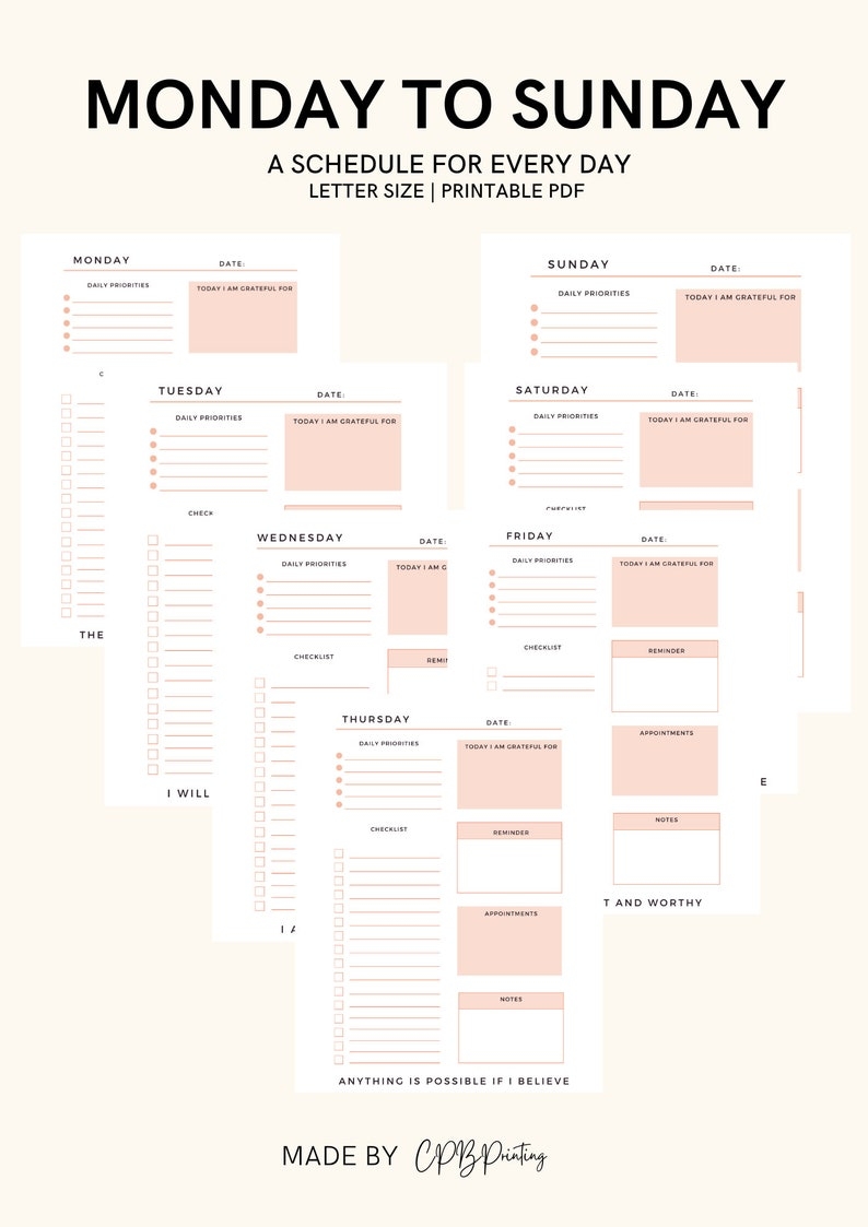 7 Day Planner Printable Weekly Planner Daily To Do Daily Schedule