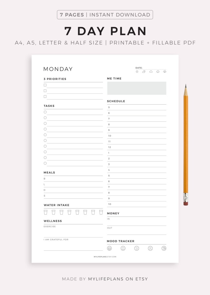 7 Day Planner Printable Weekly Planner Daily To Do List For Etsy