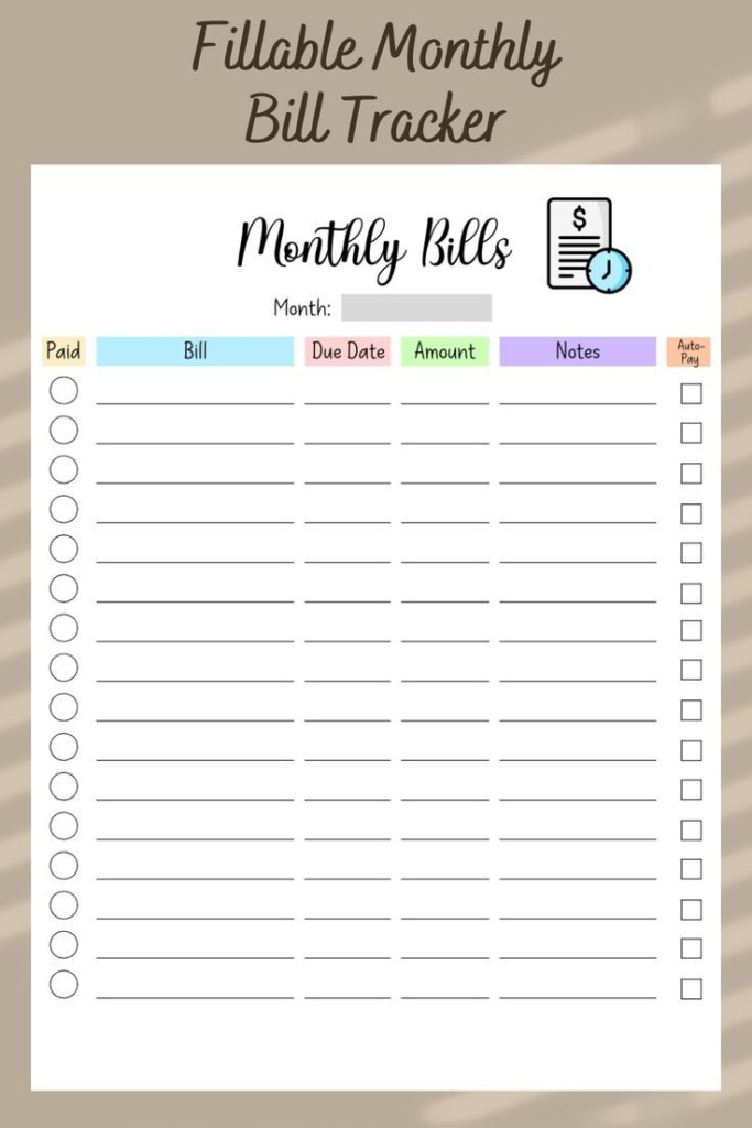 A Printable Bill Tracker With The Words Fillable Money And Bills On It
