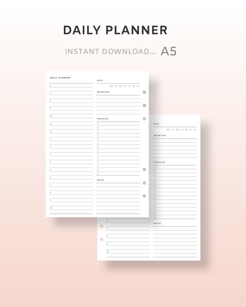 A5 Daily Planner Printable Undated Daily Planner Pdf Inserts Hourly 