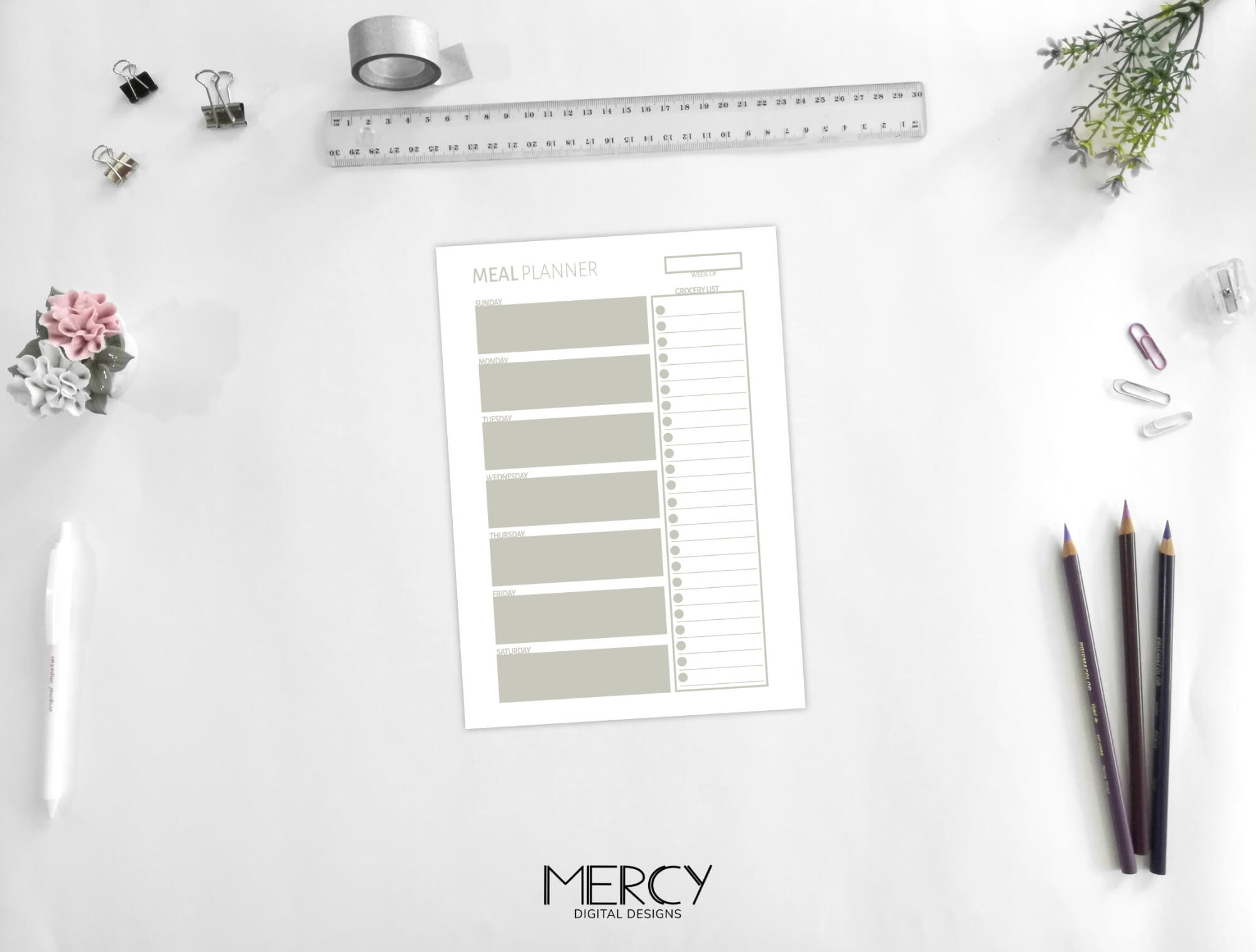 A5 Meal Planner Printable With Grocery List Pastel Mercy Digital Designs