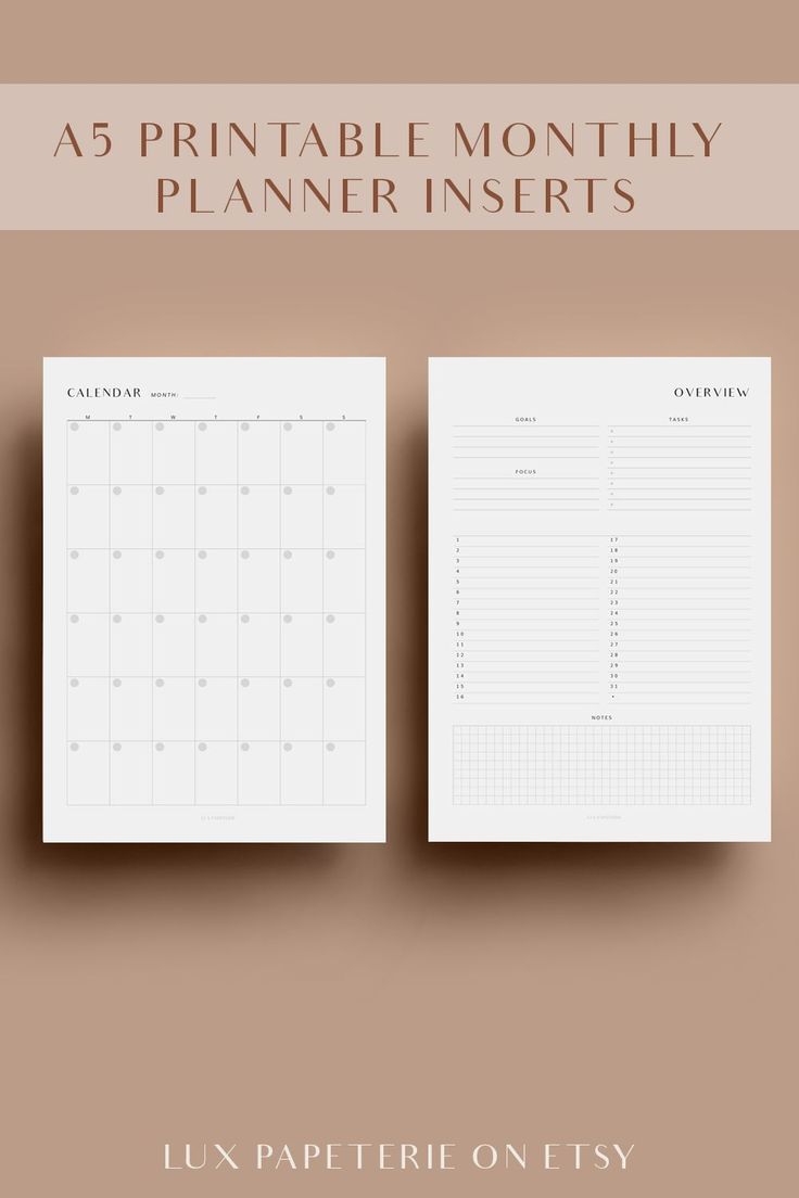 A5 Monthly Planner Inserts Printable Planner Inserts Monthly Etsy
