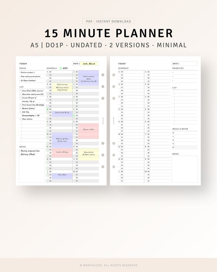 A5 Size 15 Minute Planner Printable Daily Hourly Planner Pages Time