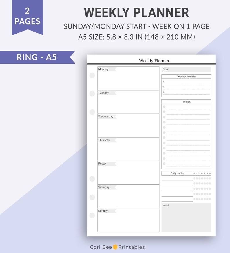A5 Weekly Planner Printable Undated Weekly Inserts Weekly Schedule 