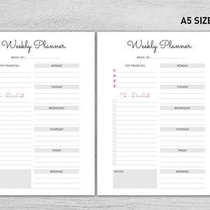 A5 Weekly Planner Printable Weekly Planner Inserts Weekly Organizer 