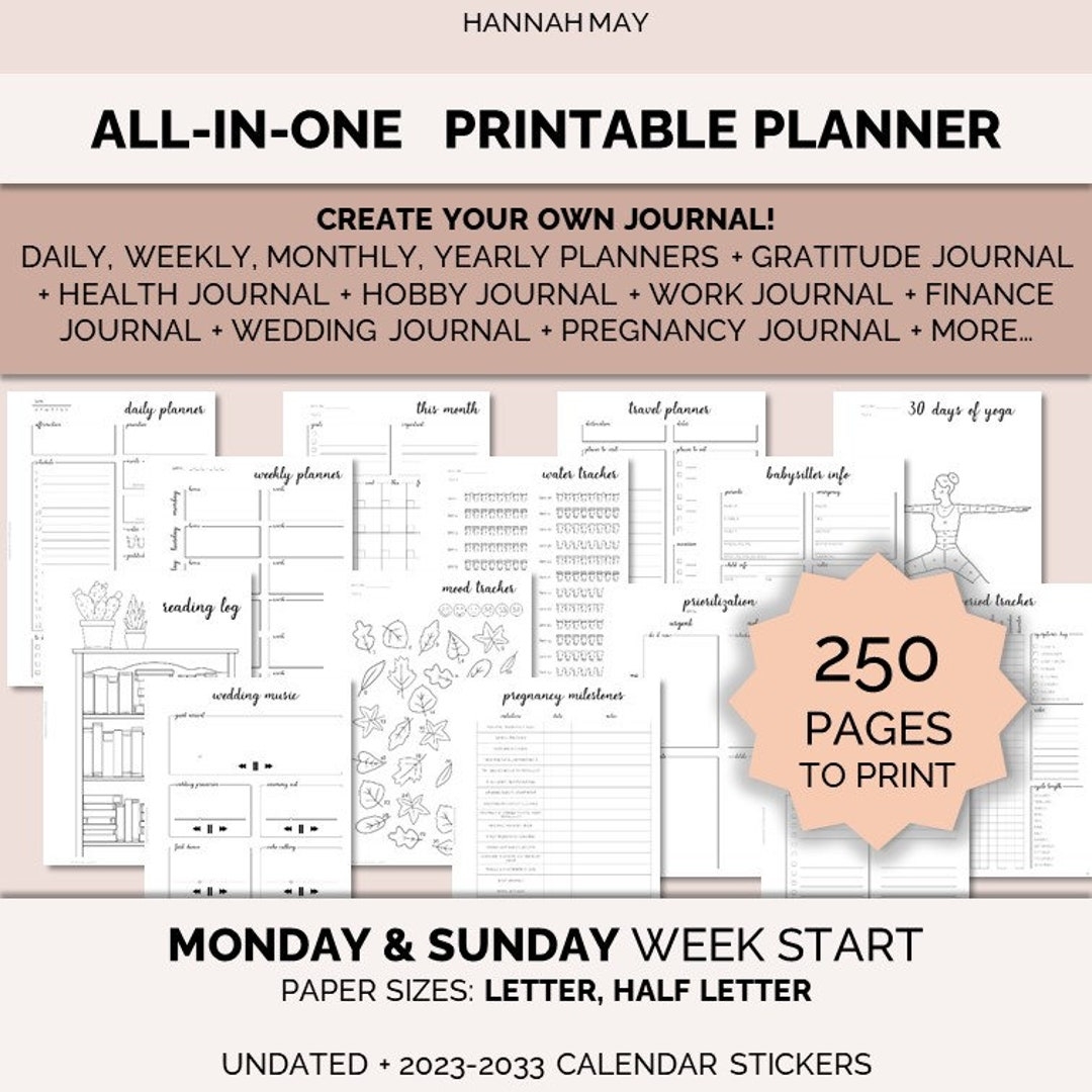 All in one Printable Planner Mega Journal Monday And Sunday Start Hobby
