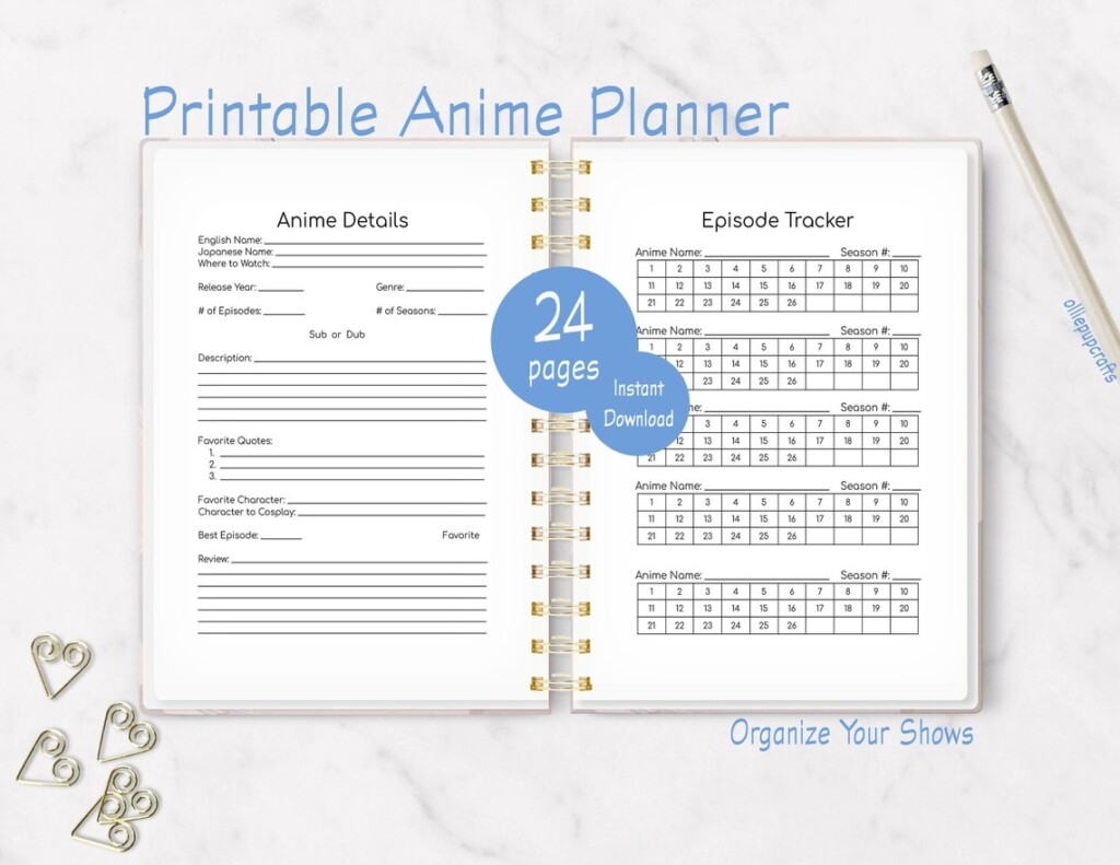 Anime Planner Printable Anime Organizer Anime Episode Tracker Anime 