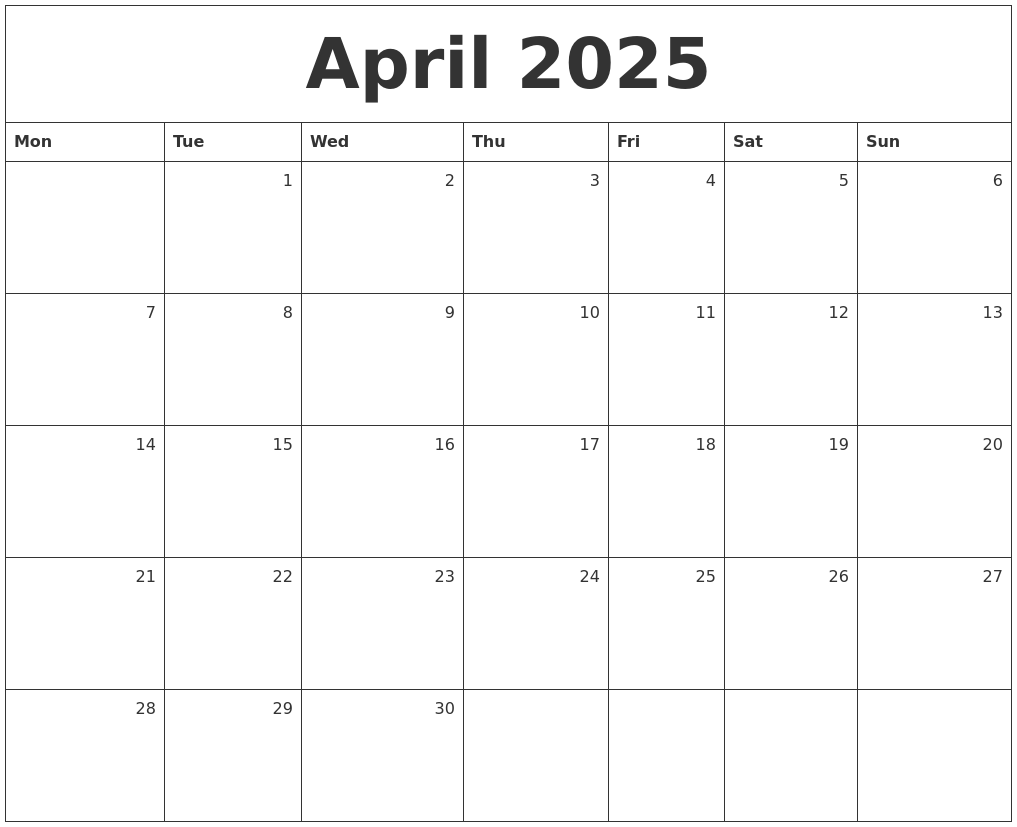 April 2025 Monthly Calendar