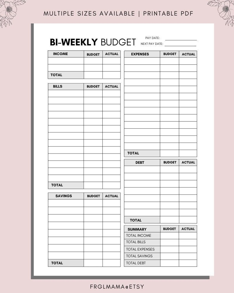 BI WEEKLY Budget Overview Template Printable Paycheck Budget Printable