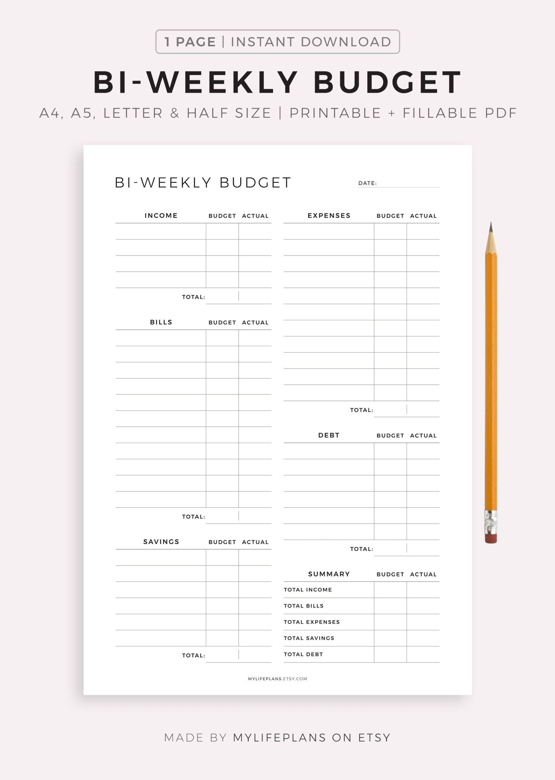 Bi weekly Budget Planner Printable Fillable Budget Template PDF