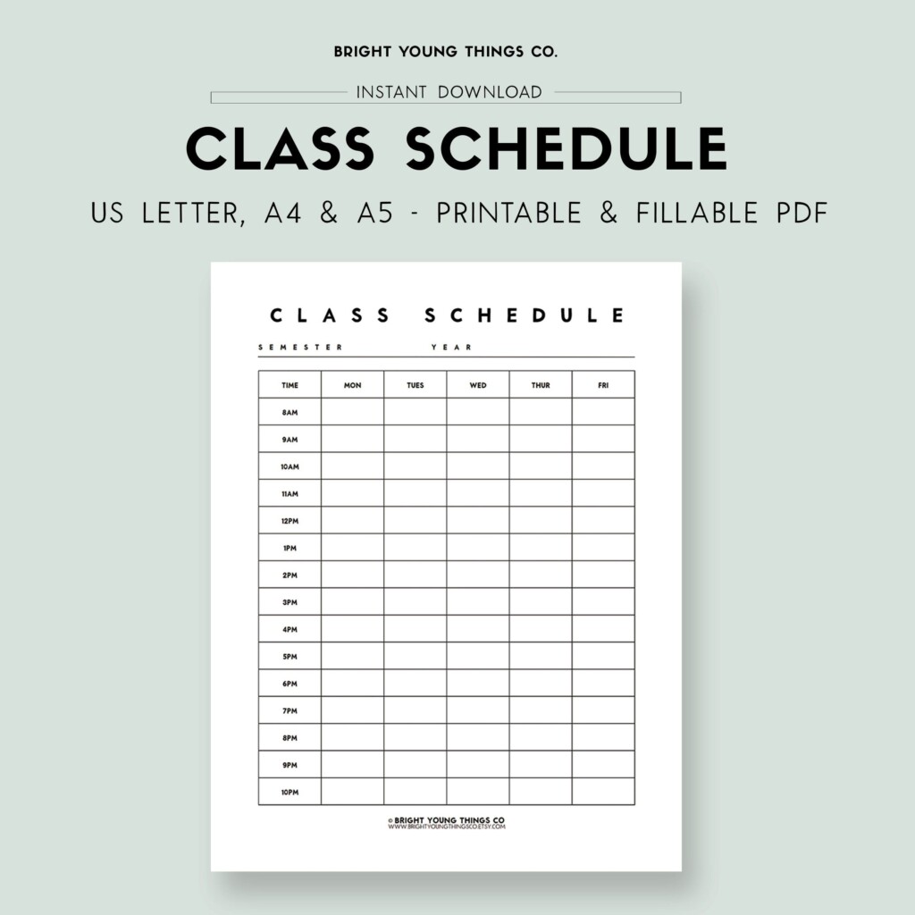 Class Schedule Template School Timetable Student Planner Printable 