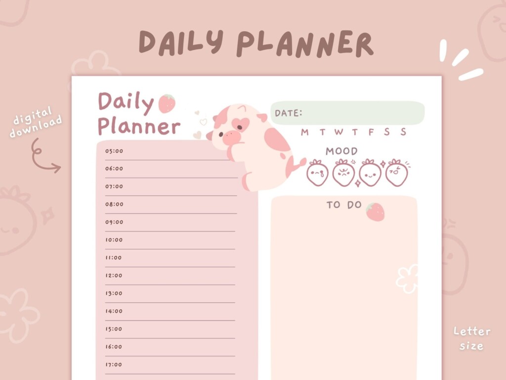 Cute Hourly Daily Planner Printable Stationery Instant Download 