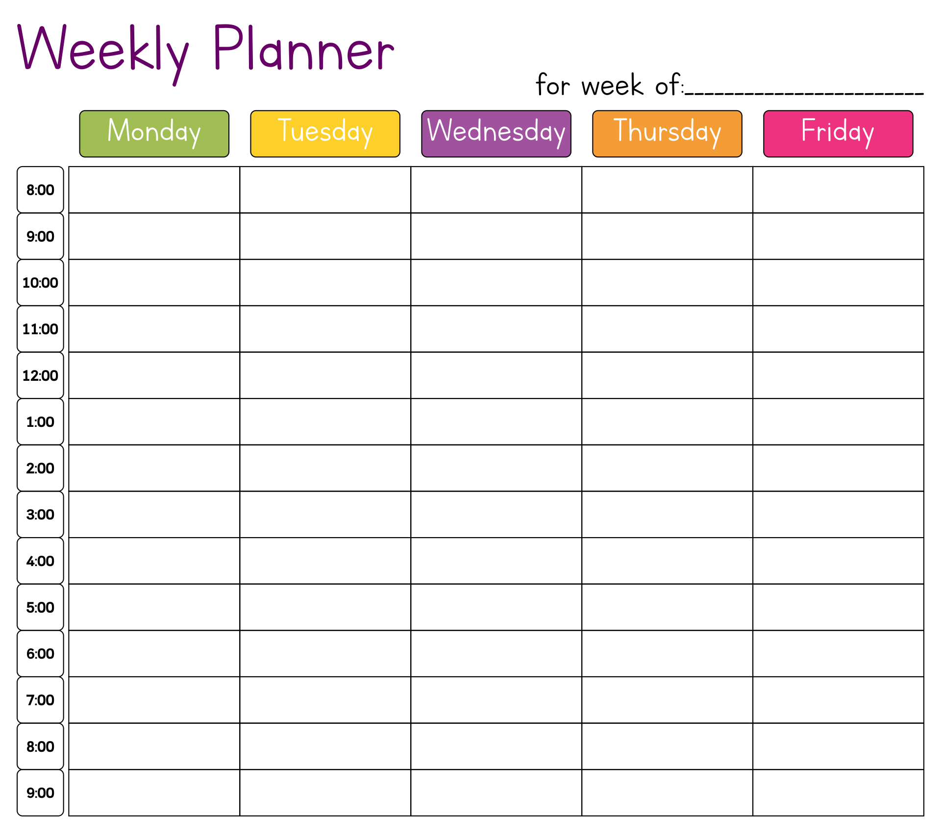Cute Hourly Planner Printable Weekly Planner Template Hourly Planner