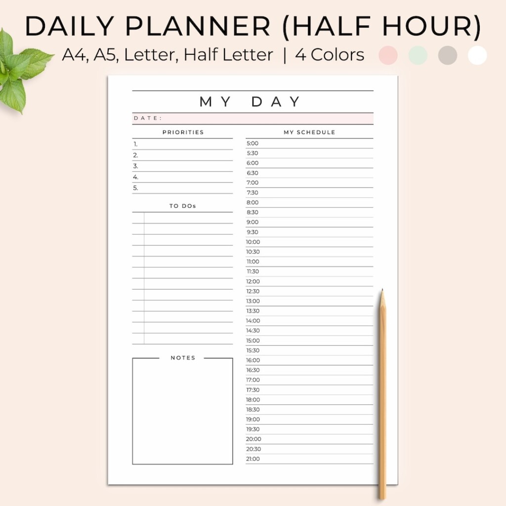 Daily Planner Printable Half Hour Daily Planner Day Planner 