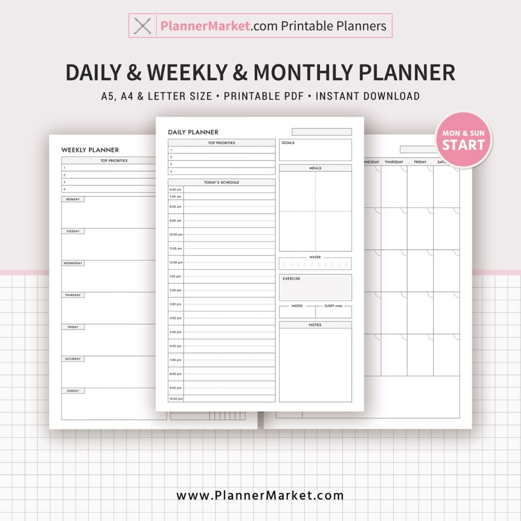 Daily Weekly Monthly Planner Printable Planner Filofax A5 Inserts A5 