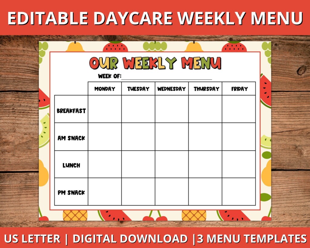 Editable Daycare Weekly Menu Editable Daycare Menu Fillable Daycare 