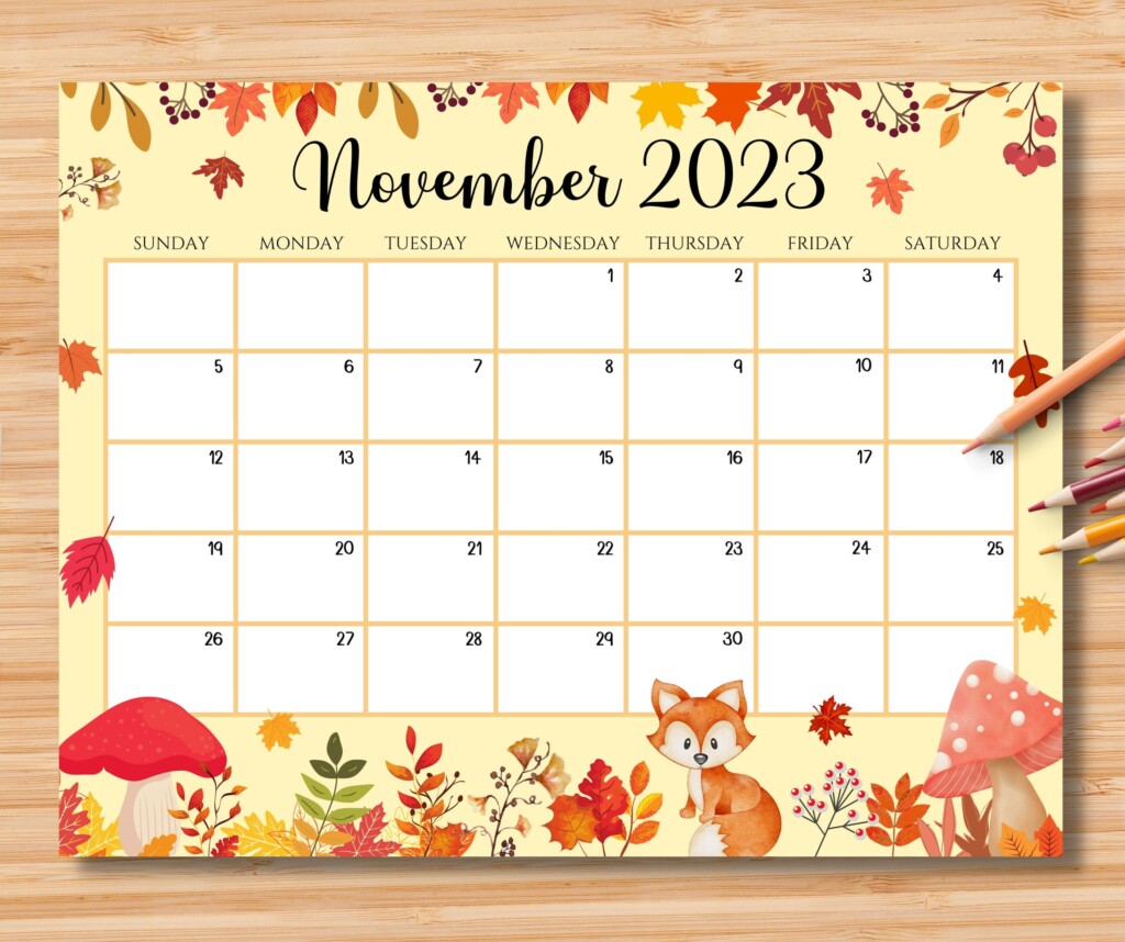 Editable November 2023 Calendar Beautiful Fall Autumn Printable Monthly 