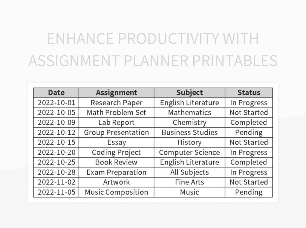 Enhance Productivity With Assignment Planner Printables Excel Template 