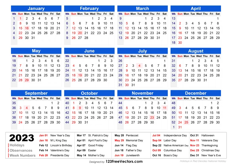 Free 2023 Holiday Calendar With Week Numbers Printable Printable