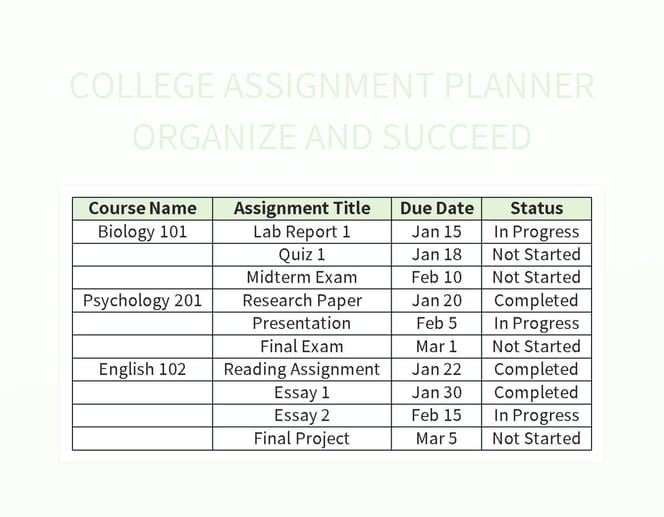 Free Assignment Planner Templates For Google Sheets And Microsoft Excel 