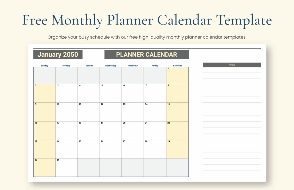 Free Monthly Planner Calendar Template Google Sheets Excel 
