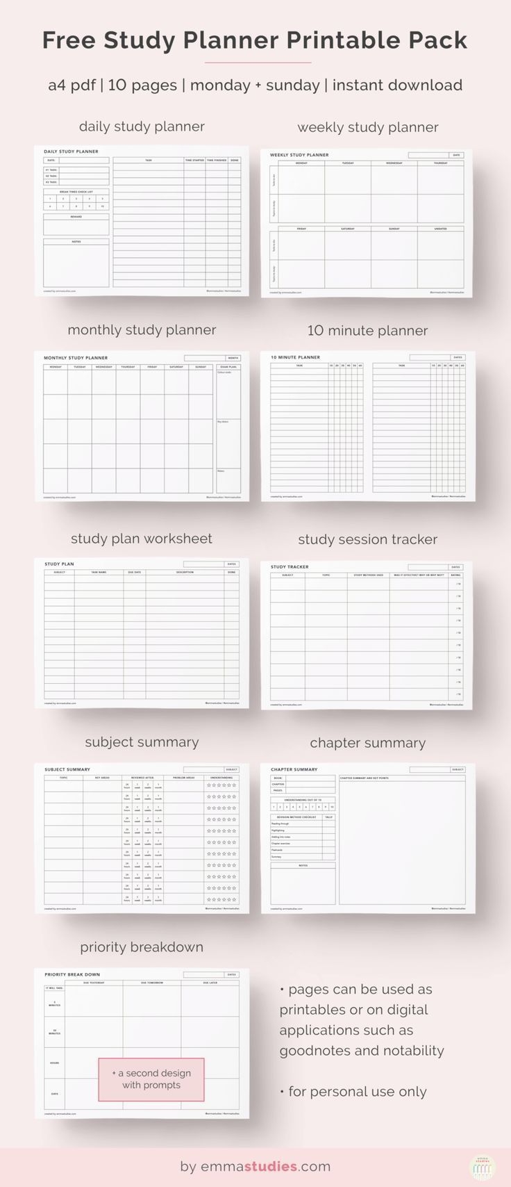 Free Student Printable Planner Pages Study Plan Cheatsheet