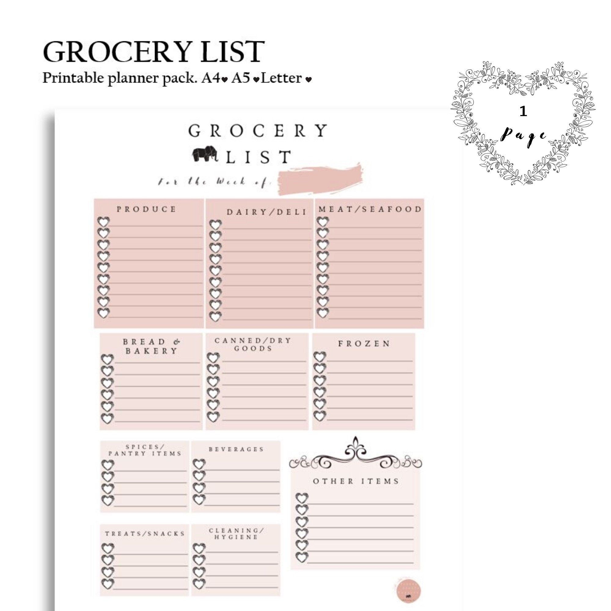 Grocery List Printable Planner Insert A4 Planner Insert A5 Planner