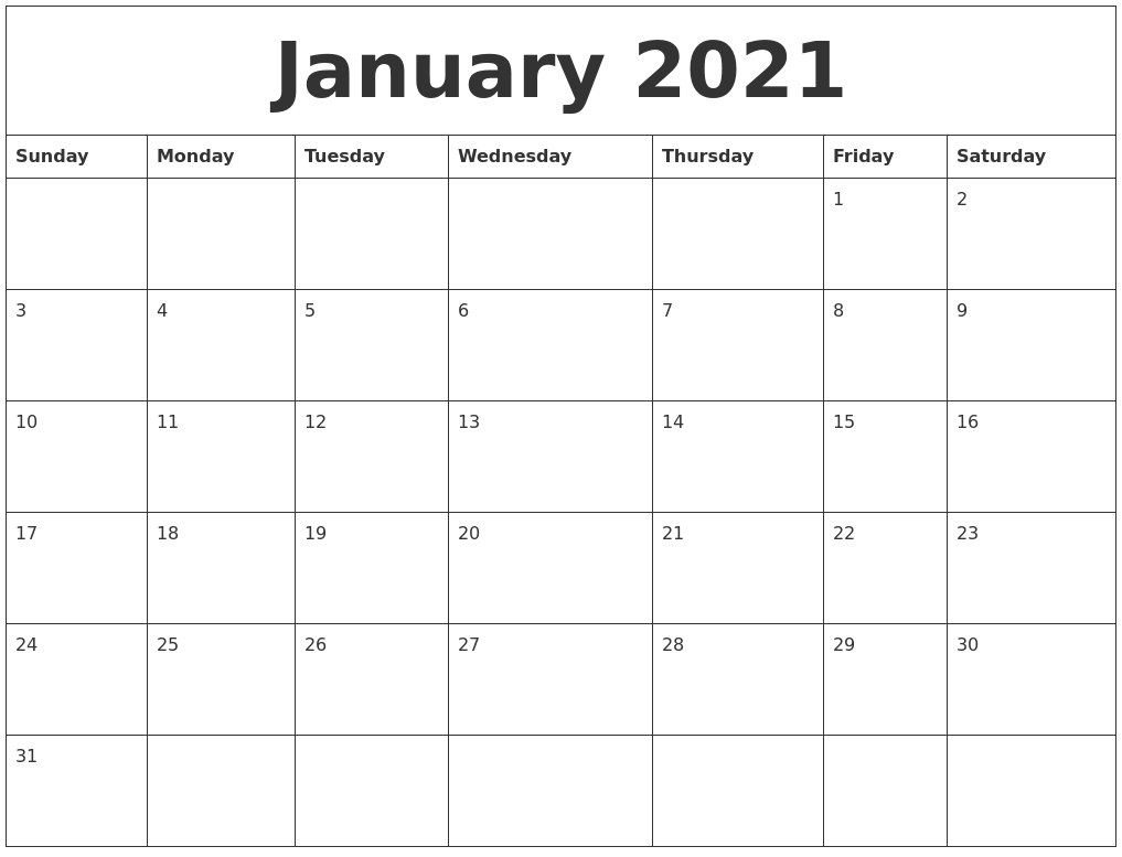 January 2021 Monthly Printable Calendar