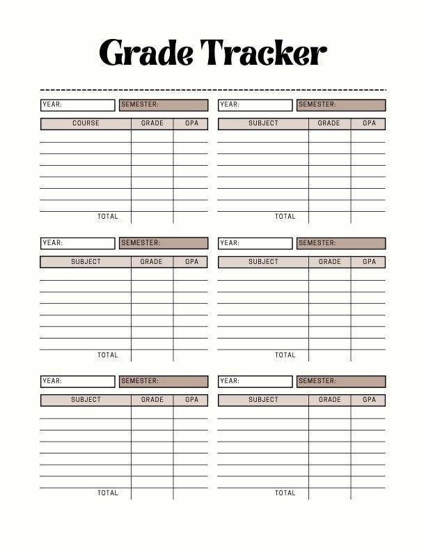Modern Grade Tracker University Planner Printable Digital Planner