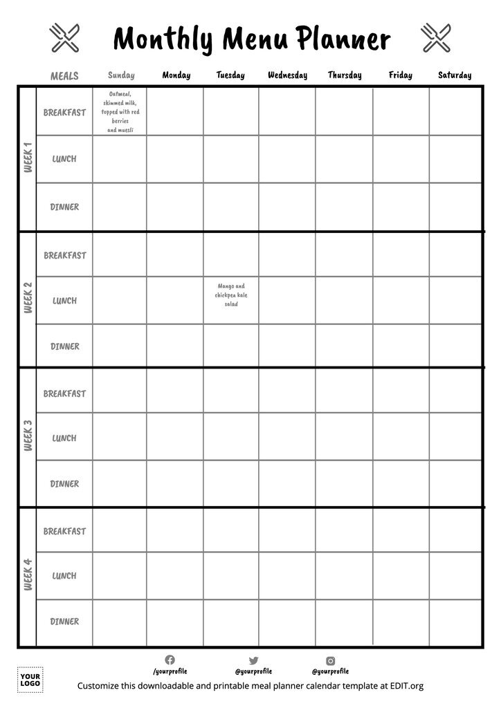 Monthly Meal Planner Template Printable PDF